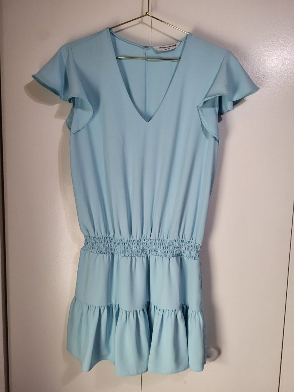 Amanda Uprichard Baby Blue Ruffle V-Neck Mini Romper Dress with Shorts XS